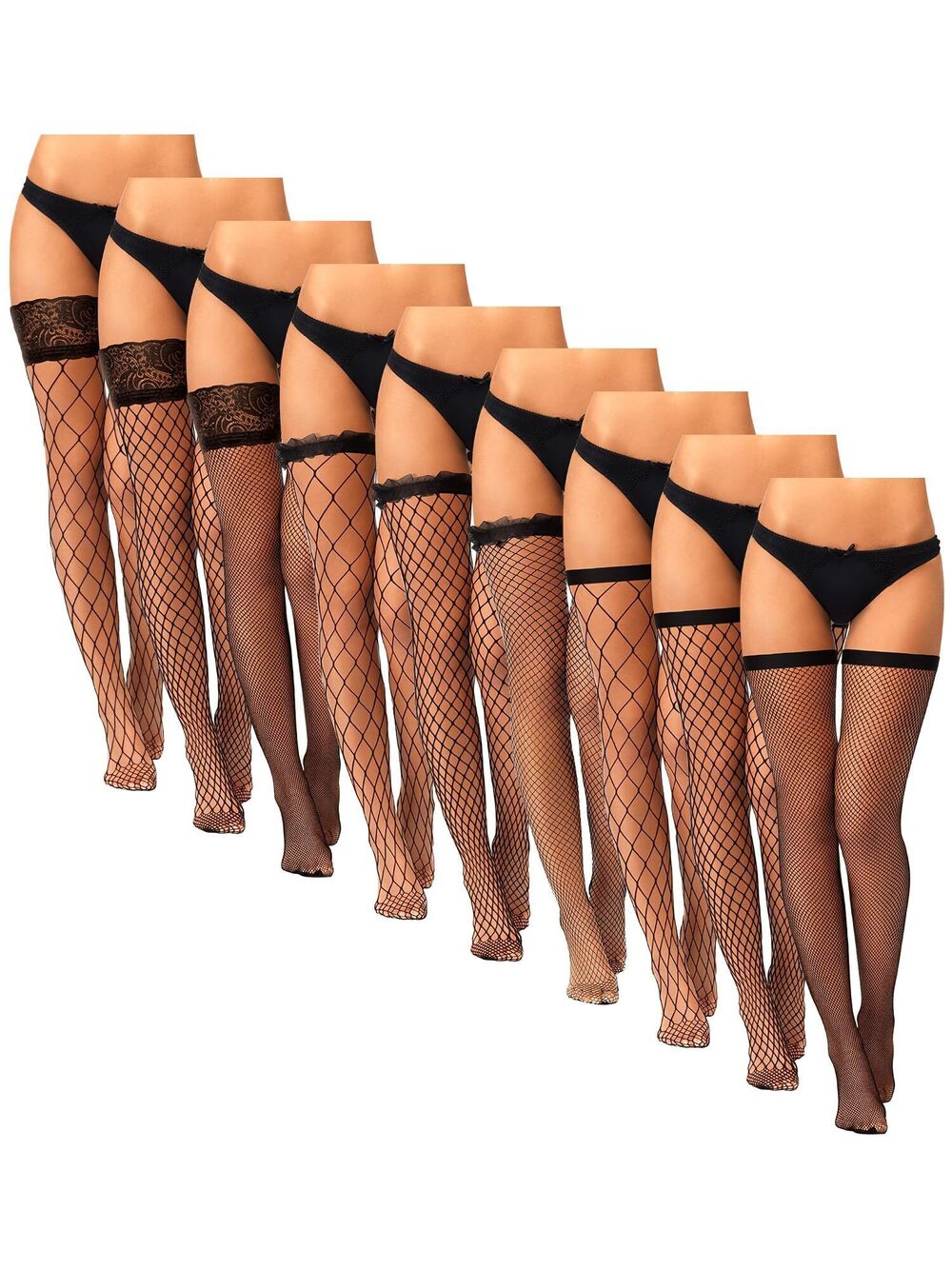 1381 9 Pairs Fishnet Thigh High Stockings Lace Top Sheer over Knee Stocking